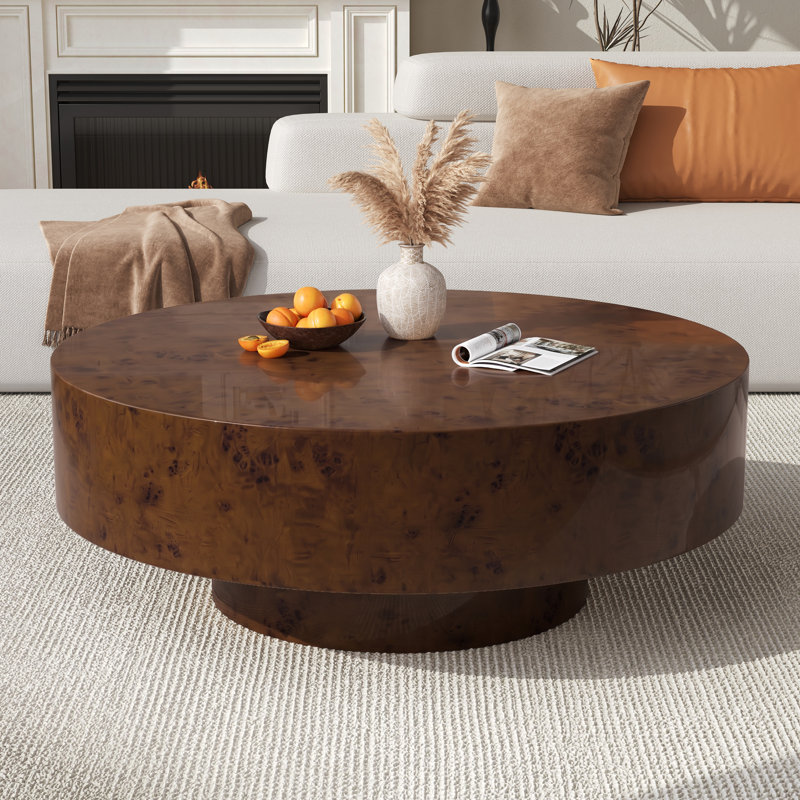 Handcrafted Burl Wood Round Coffee Table with Strudy Pedestal, Mid-Century Modern Solid Wood Coffee Table for Living Room