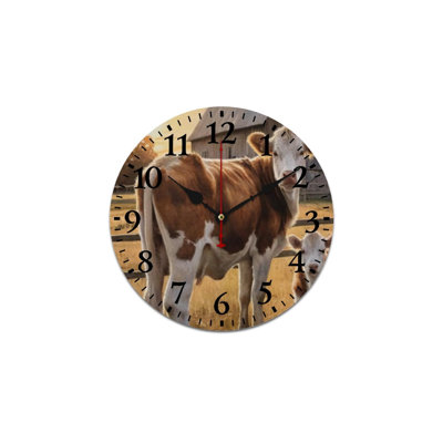 12" x 12" Decorative Wall Clock, Farm Cow Scene, Brown