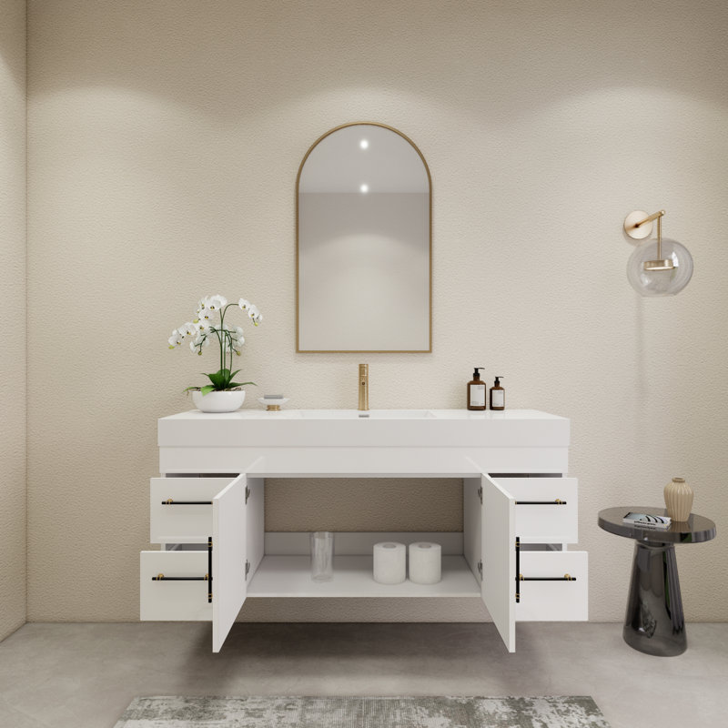 59" Wall-Mounted Single Bathroom Vanity Set, Glossy White