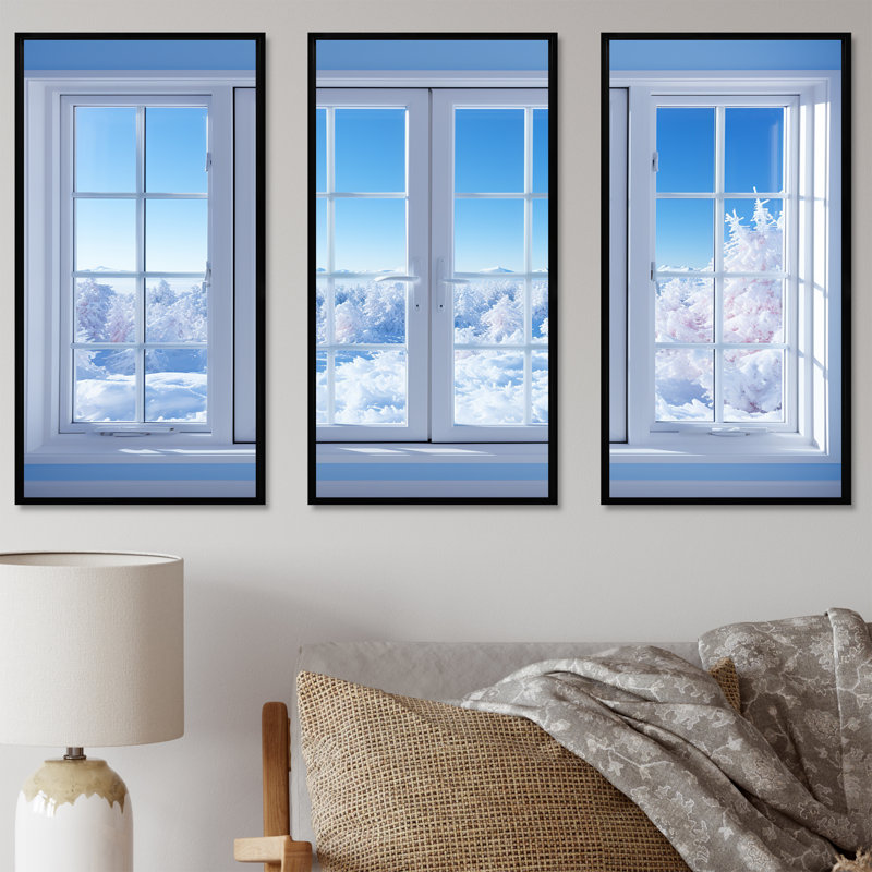 Winter Wonderland Window Views - Winter Landscape, art mural, Cadre flottant noir, H 40 po x l 61 po x P 1 po