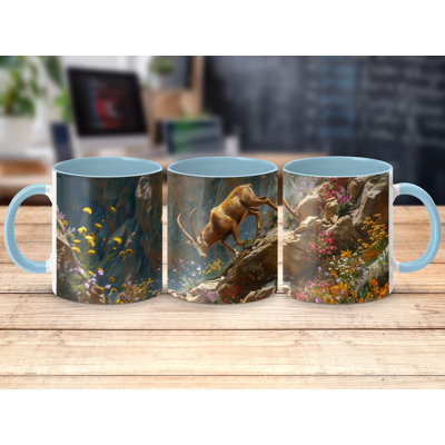 Set of 4 Animal Design 11oz Accent Mugs – Ceramic Coffee Cups with a Light Blue Handle and Interior
