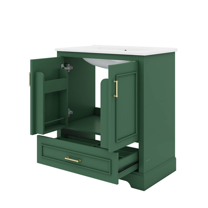 Meuble-lavabo contemporain avec lavabo en céramique, 2 portes et 1 tiroir pratique, 30", Vert