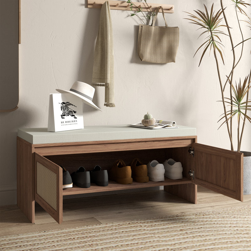 Banc de rangement en rotin PP avec coussin et 2 portes