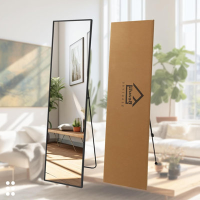 Grand miroir pleine grandeur avec support, miroir mural complet pour le corps, miroir trempé pleine longueur à cadre en métal pour le salon, la chambre à coucher