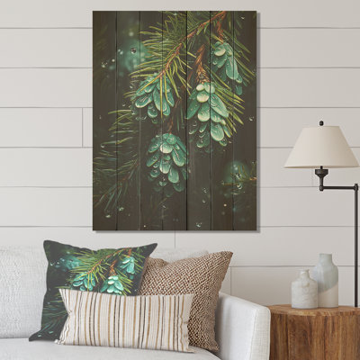 Green Christmas Decoations Pine Tree II - Tree Pine On Wood Print