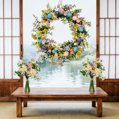 Couronne de œuf de Pâques 22 po, décoration florale de printemps porte d'entrée murale