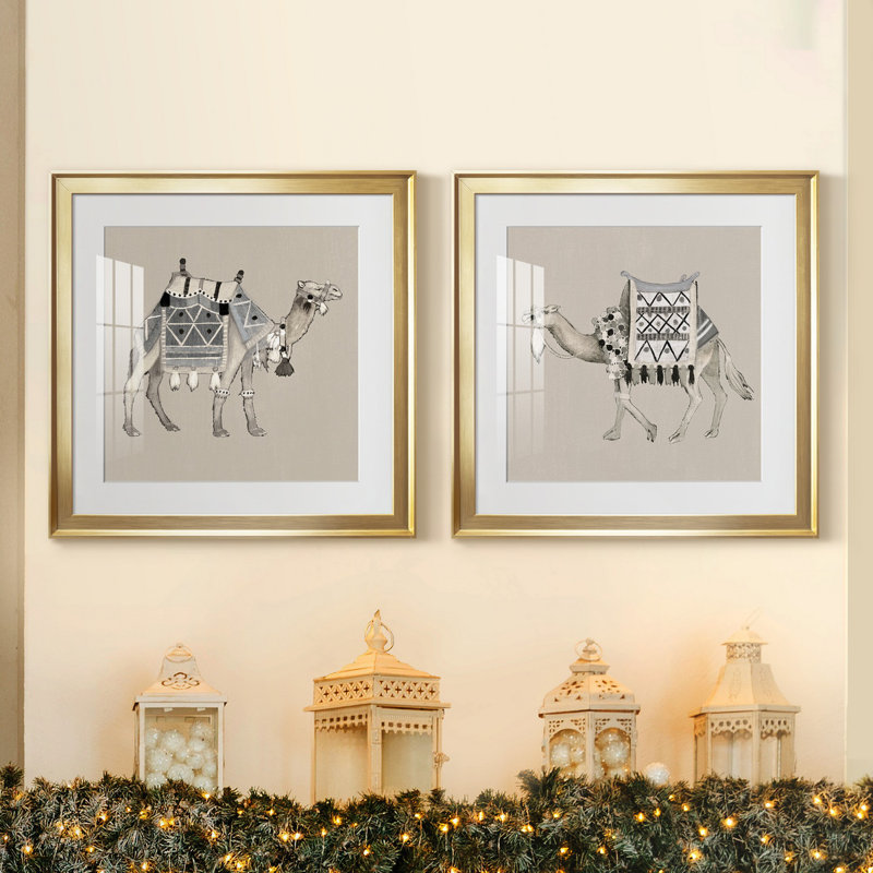 Exotic Camel I - ensemble de 2 reproductions d'art encadrées, Papier encadré doré, Blanc, H 17,5 po x l 35 po x P 1,5 po