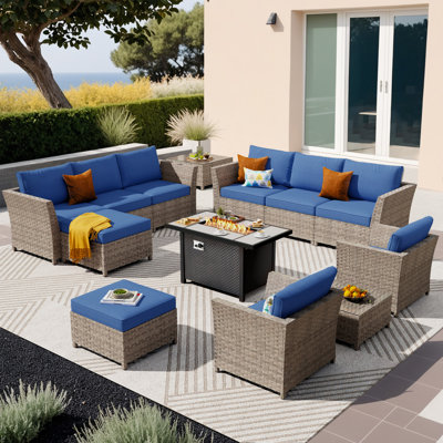 10 - Person Mostly No Assembly Required Patio Furniture Set With Chair, Outdoor Wicker Rattan Sectional Seating Group With Cushions, All Weather Sofa Conversation Set With Fire Pit Table For Garden Backyard