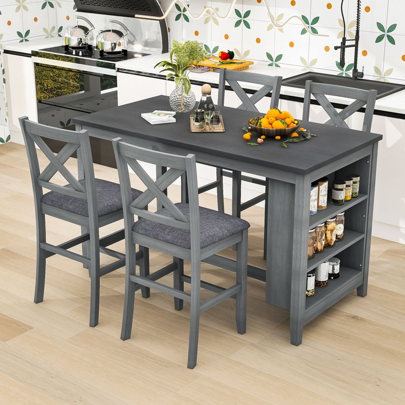 Ensemble de table de salle à manger rustique avec 4 chaises rembourrées, tablette fonctionnelle à 3 niveaux, Gris