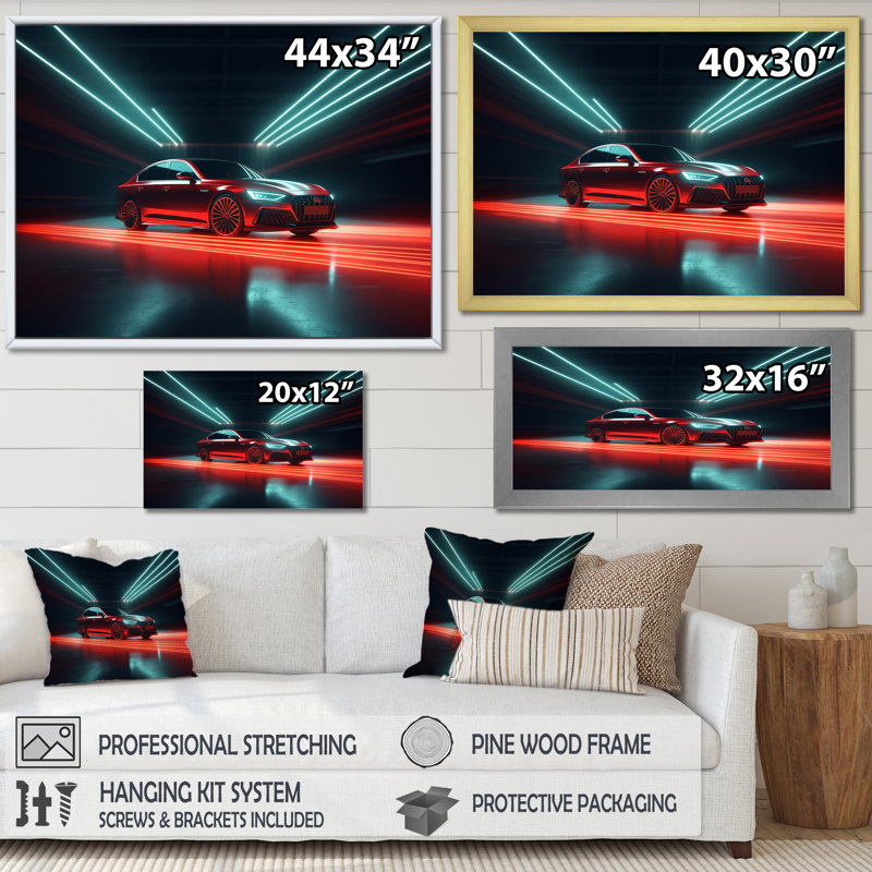 «Neon Light Strips Around Red Sedan», reproduction sur toile, H 24 po x l 32 po x P 1 po, Cadre flottant doré