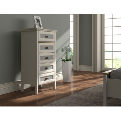 Commode 5 tiroirs avec portes en panneau de fibres à densité moyenne - l 25 po x H 46 po x P 17 po - crème / chêne / gris