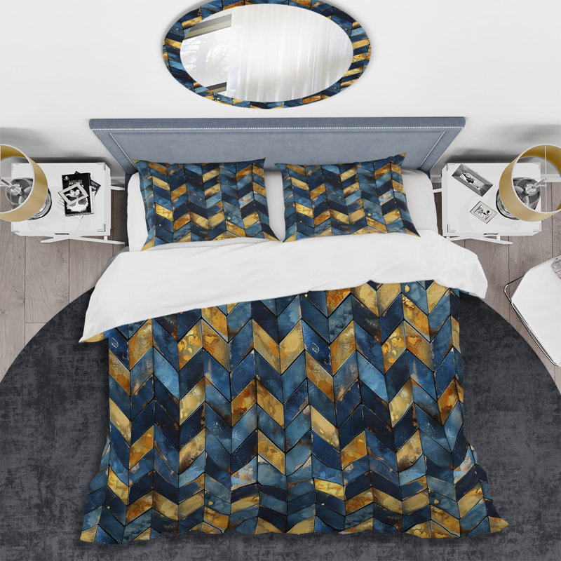 Ensemble de housse de couette Blue Gold Chevron Waves I - Glam, King Duvet Cover + 2 King Pillow Shams