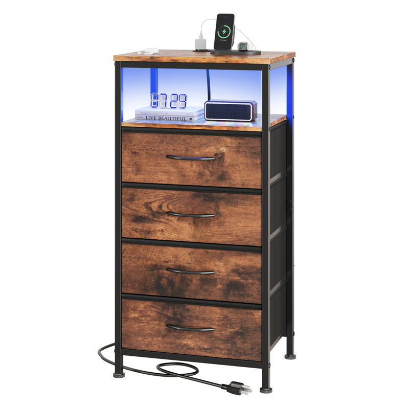 Nightstand with Charging Station, Side Table with 4 Fabric Storage Drawers, Brown, 2