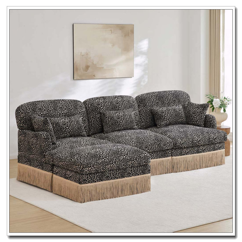 Canapé Comfy Chenille Leopard, kaki + 3 sièges + 1 repose-pieds