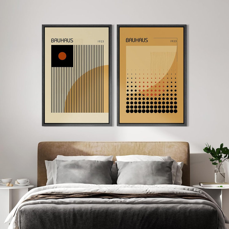 Bauhaus Mid-Century Modern Grid Pattern Abstract Shapes Modern Artwork Minimalist Bedroom, Black, 36" H x 48" W