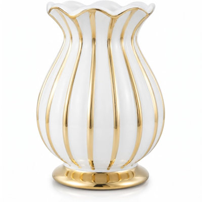 Ceramic Ribbed Table Vase with Scalloped Rim
