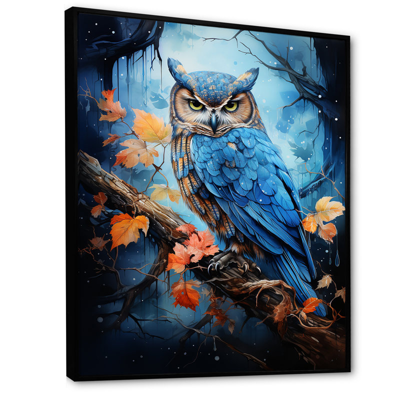 Blue Owls Moonlight Realm sur toile, Cadre flottant noir, H 20 po x l 12 po x P 1 po