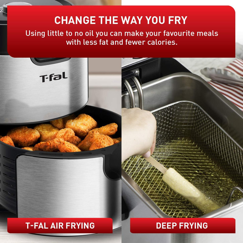 Friteuse à air T-Fal, friteuse, Easy Fry, faible en gras, panier antiadhésif, 4,2 L, acier inoxydable avec support en prime