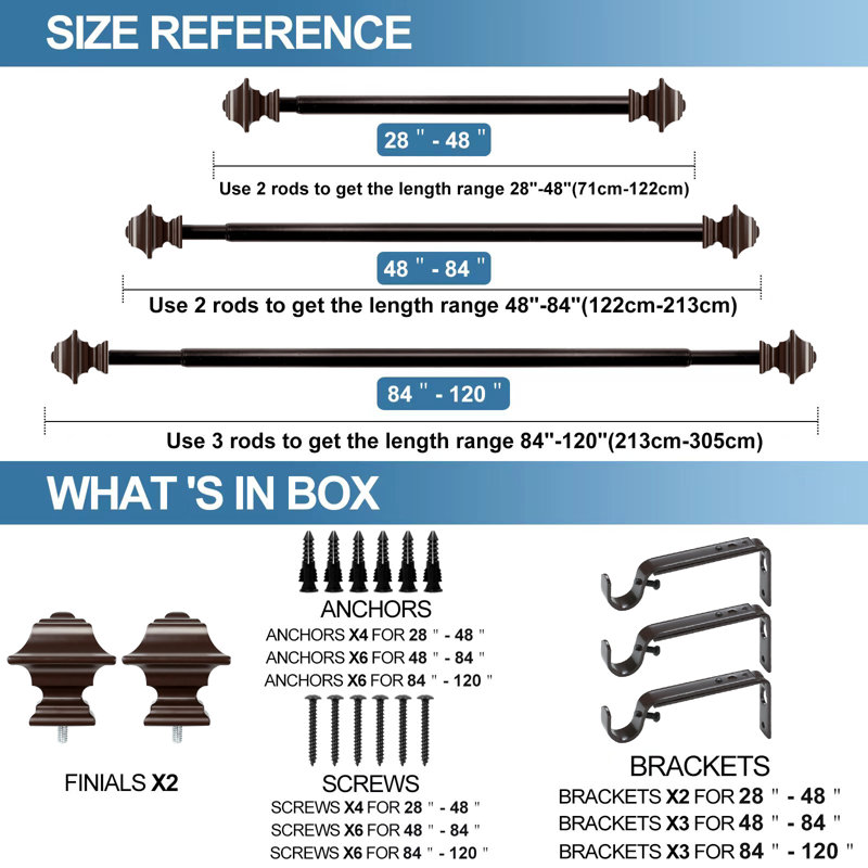 Adelene Adjustable Single Curtain Rod, 48" - 84" W, Bronze