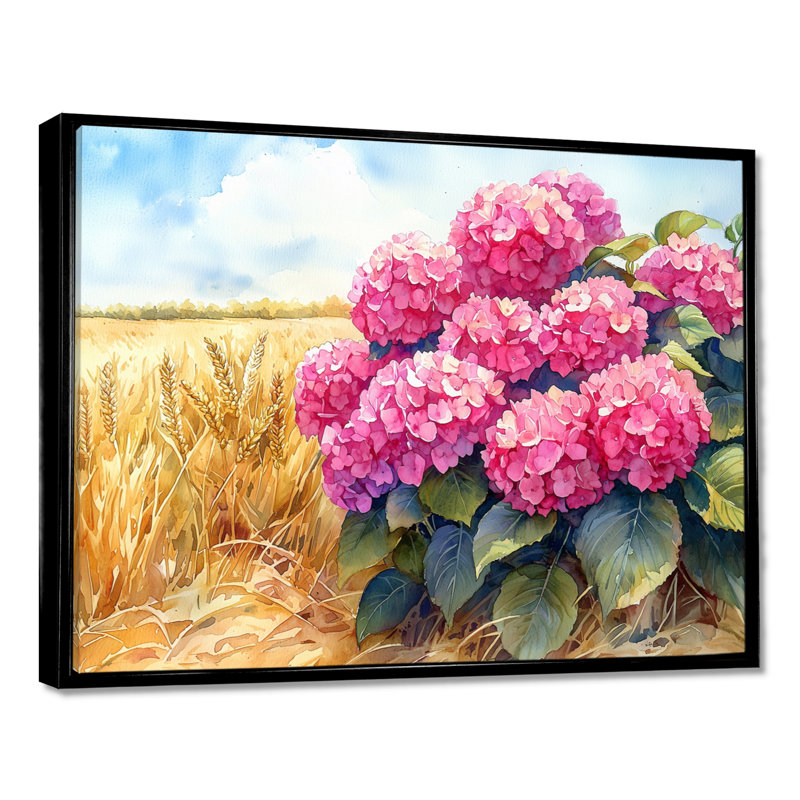 Hortensias dans le champ de céréales I - hydrangées, art mural, Noir, H 12 po x l 20 po, Impression encadrée flottante