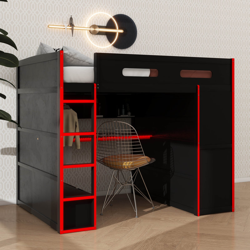 Full Size Wooden Loft Bed With Desk, Wardrobe, Ample Storage, And LED Illumination, Red