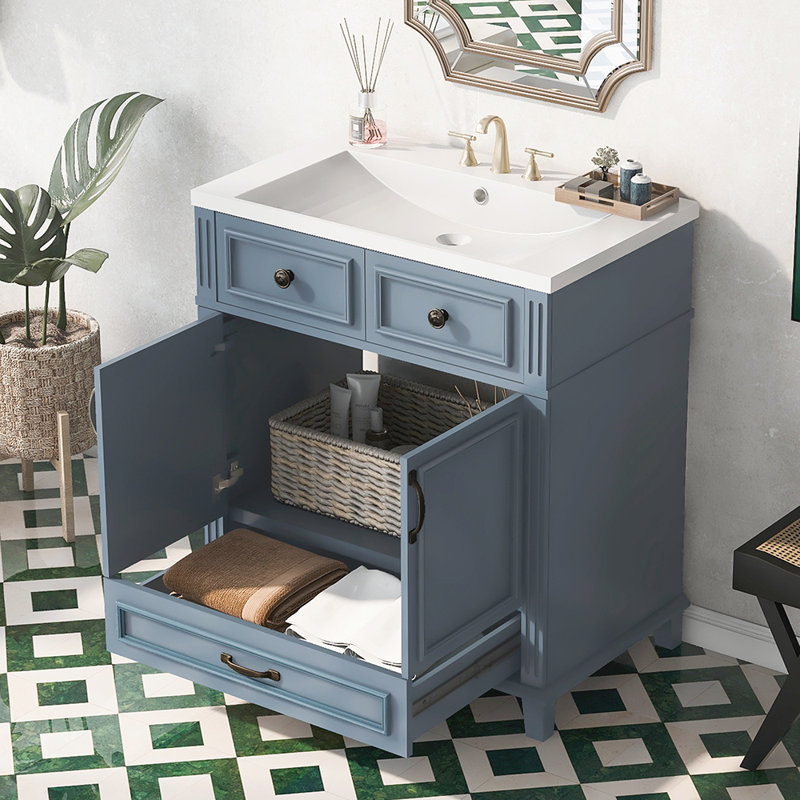 Meuble-lavabo pour salle de bain avec lavabo en résine et portes à fermeture douce, Bleu
