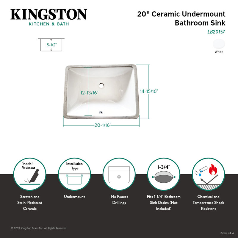 Kingston Brass Grotto 20-Inch Ceramic Undermount Bathroom Sink