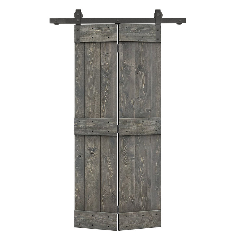 Porte de grange pliante en bois DIY avec ensemble de quincaillerie coulissante, 20 po x 84 po, Gris patiné