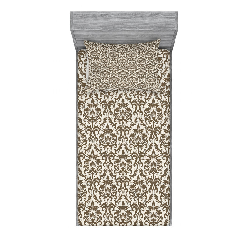 Microfiber Sheet Set, Twin XL Sheet Set with Fitted Sheet, Brown Damask