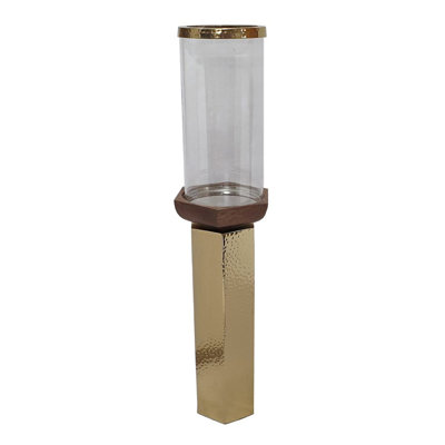 Gemo Hurricane Candle Holder With Gold Base, Mango Wood Accent 21 Inch