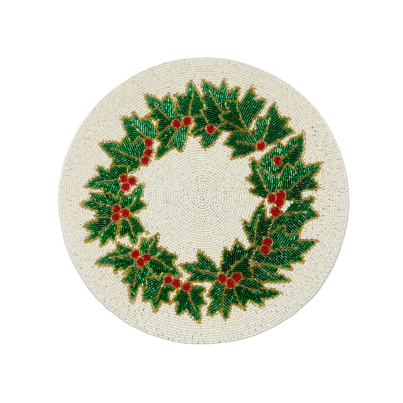 Holly Berry Beaded Placemat in White, Red & Green, Set of 2