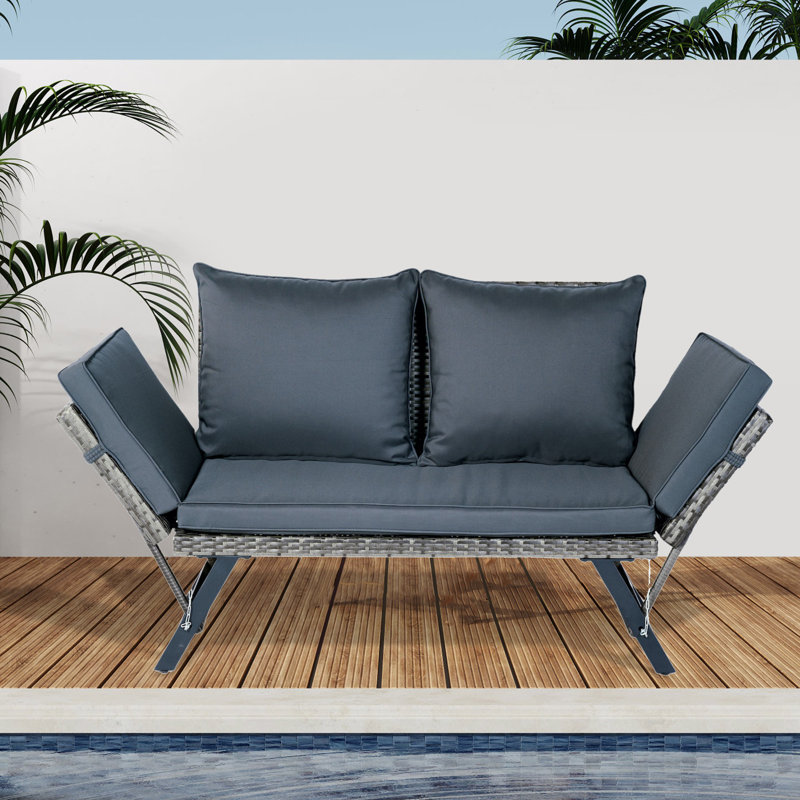 Patio Wicker Side Foldable Bench With Dark Grey Cushion