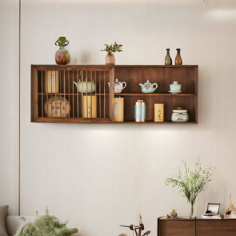 Minimalist Retro Brown Paulownia Wood Wall-Mounted Cabinet, Dual-Use Wall/Table Storage Shelf for Kitchen