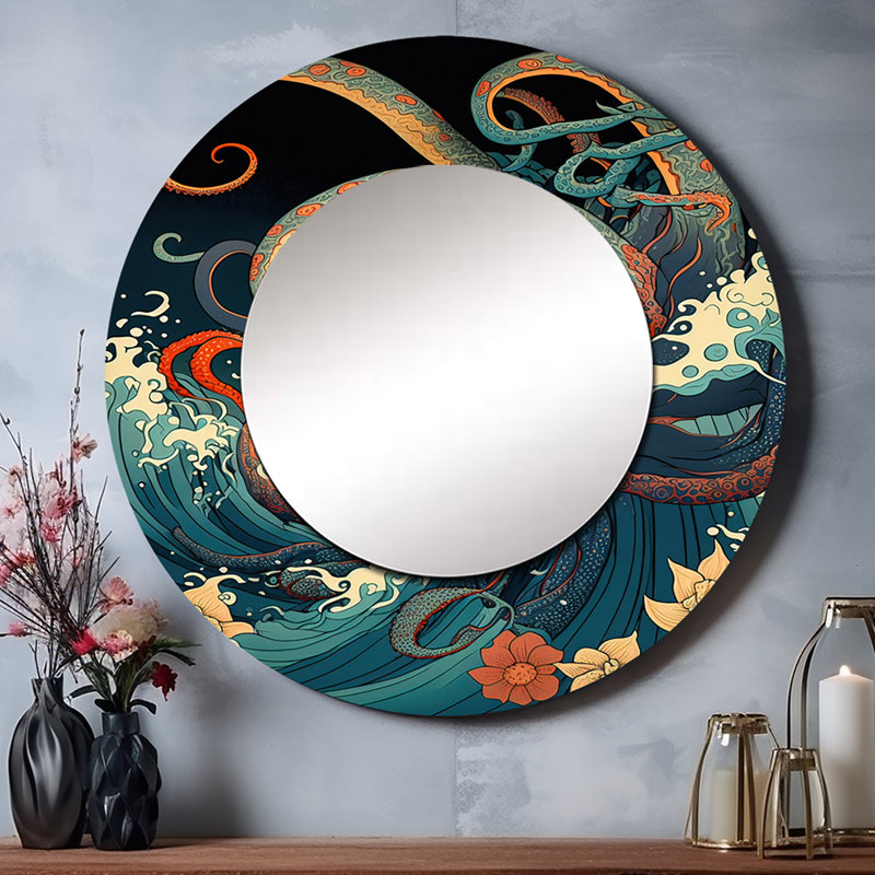Paysage japonais Parhm avec Octopus V - miroir décoratif japonais, miroir mural rond bleu, impression d'art en métal