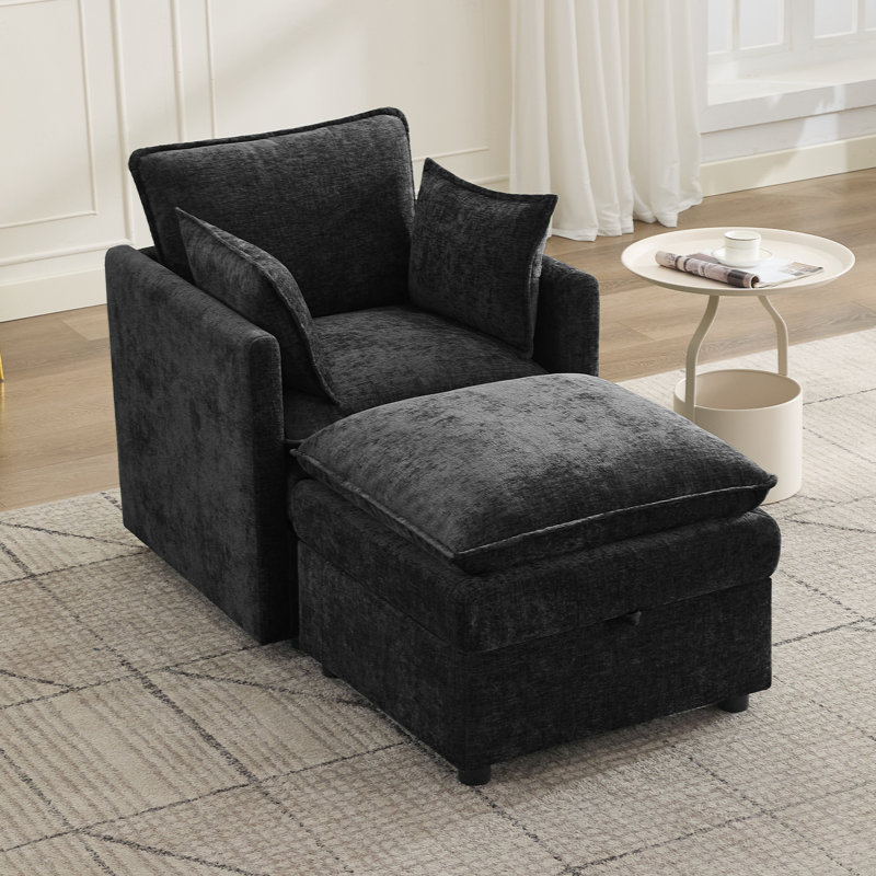 Ensemble de fauteuil et repose-pieds rembourrés avec rangement dissimulé, Noir
