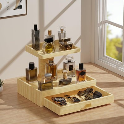 2-Tier Pine Wood Elevated Perfume Organizer Display Shelf with Drawers, Cologne Stand Storage Dresser for Woman Men Boys Dad Husband