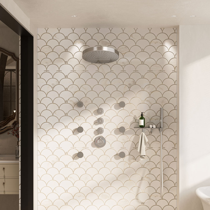 Rainfall Thermostatic Shower System with Body Jets, 2-Sprays Shower Head and a Shelf, Brushed Nickel