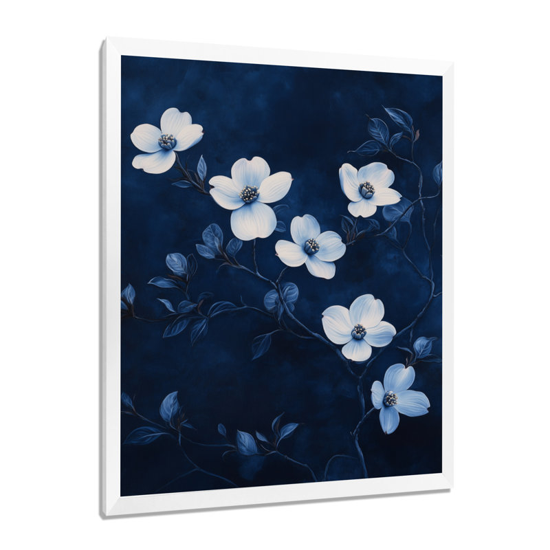 Fleur de pommier Indigo Orchard Night VI - art mural floral blanc, H 20 po x l 12 po, Cadre photo blanc