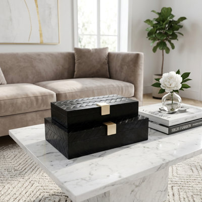 Elegant Weave Storage Boxes With Lids For Bedroom Display - Decorative Organizer Keepsake Box For Home Decor - 11", 10", Black & Gold