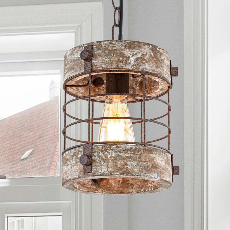 Luminaire suspendu cage en métal et bois 1 lumière Meganne Retro, Blanc / Brun