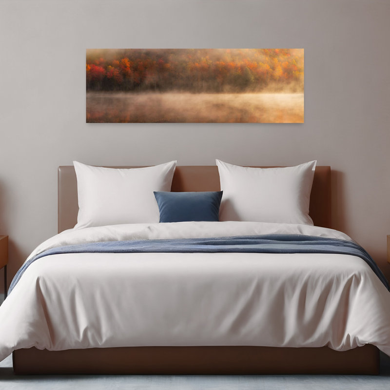 «Misty Autumn Lake», art mural forêt rêveuse et paisible, H 16 po x l 48 po