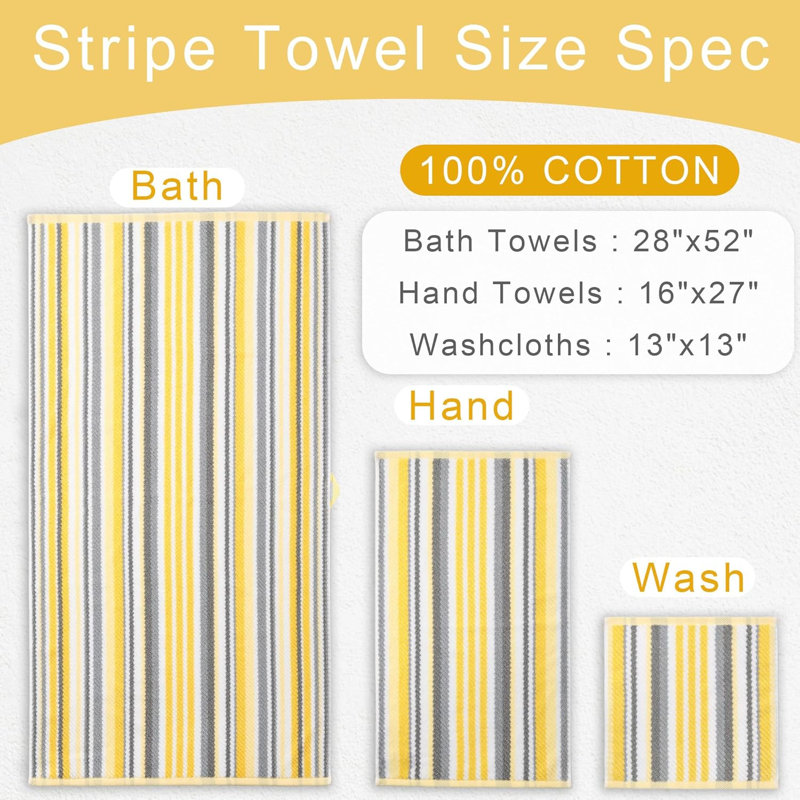 Bath Towels with Hanging Loops, 3PC Striped Towels - 100% Cotton, Quick Dry, Soft, Absorb & Lightweight