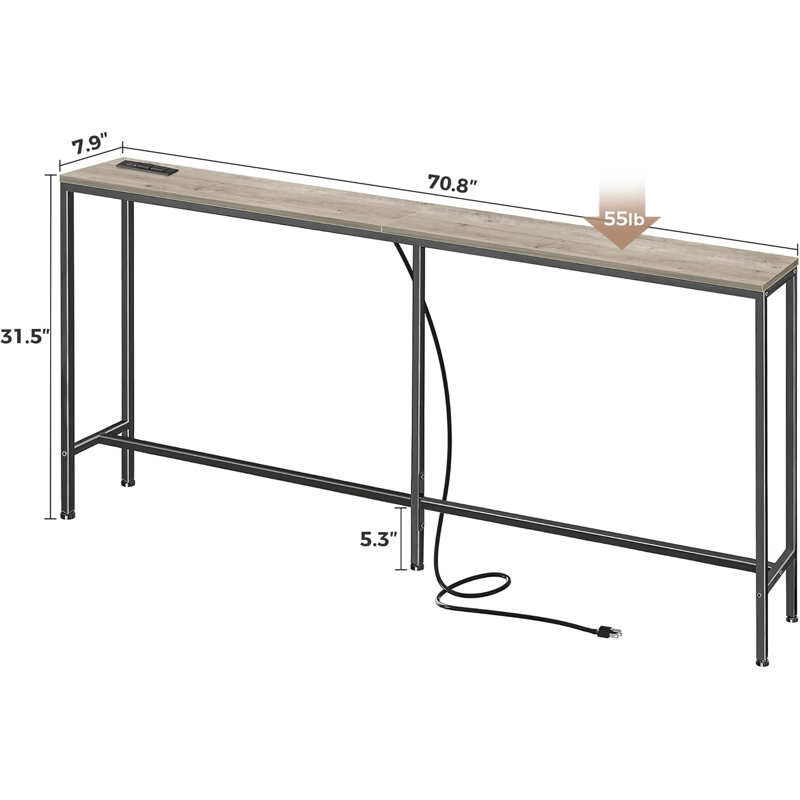 70" W Console Table with Outlet, Black, Oak Wood