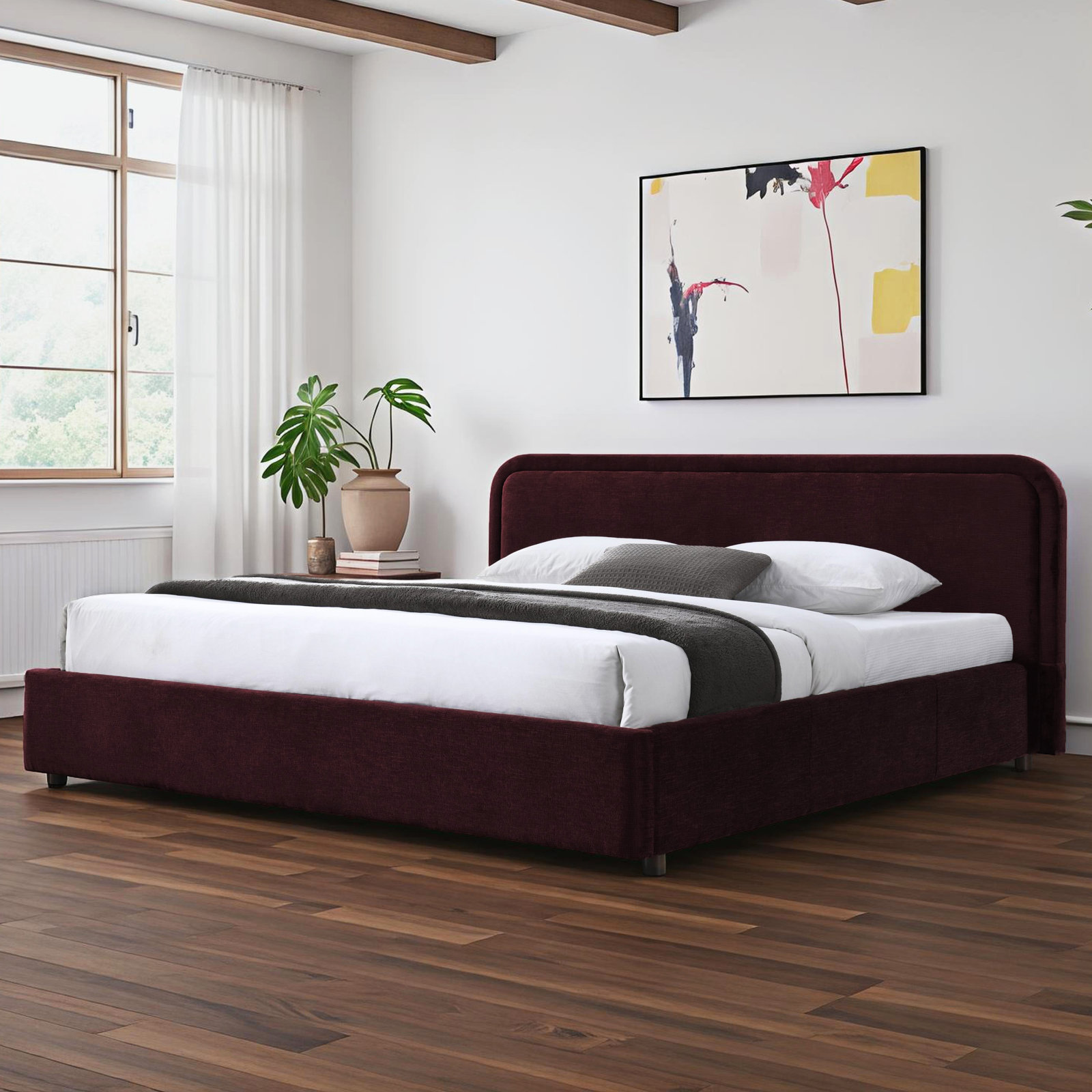Baneza Platform Bed, King, Burgundy