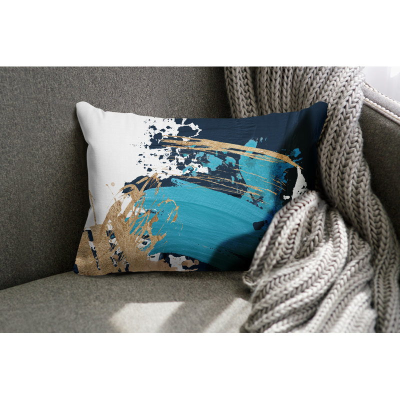 Coussin lombaire abstrait intérieur / extérieur, Turquoise / or / blanc
