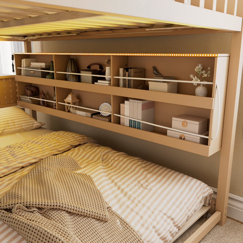 Lit superposé avec tablettes intégrées, lumières à changement de couleur et panneau perforé, Double, Beige