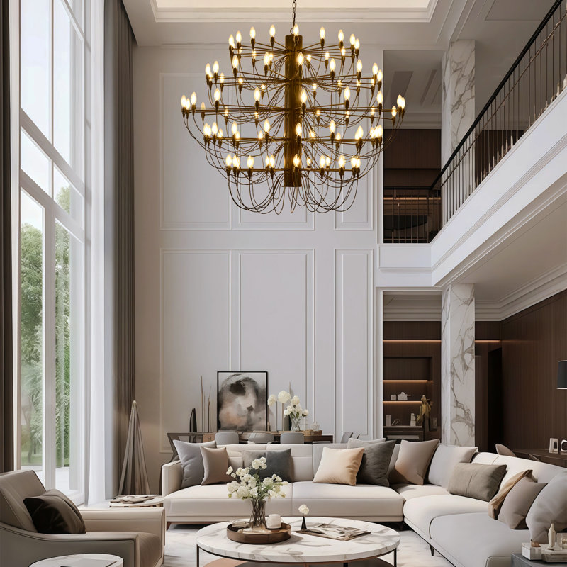 Large Black Farmhouse Chandelier, Modern Candle Chandeliers Round Rustic High Ceiling Pendant Light For Dining Room Living Room Entryway Foyer
