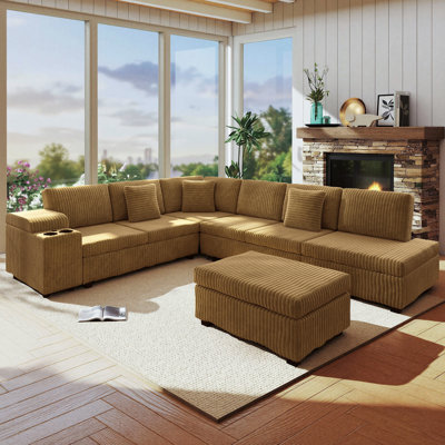 Canapé-lit modulaire avec rangement en L 110 po avec repose-pieds, accoudoirs de rangement, ports USB et porte-gobelets, chameau