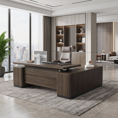 L-Shaped Executive Electric Standing Desk, Height-Adjustable Standing Office Desk, with Drawers, Built-In Power Outlets,  , Walnut Executive Desk