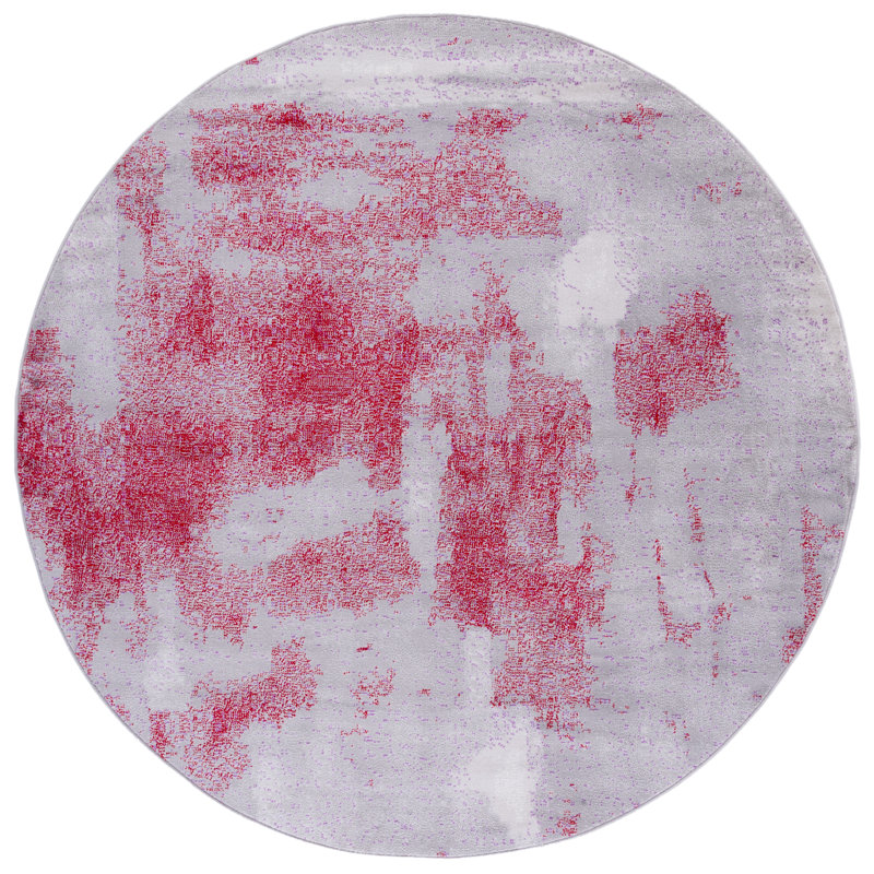 Tapis gris / rouge à motif abstrait, Rond 6 pi 7 po